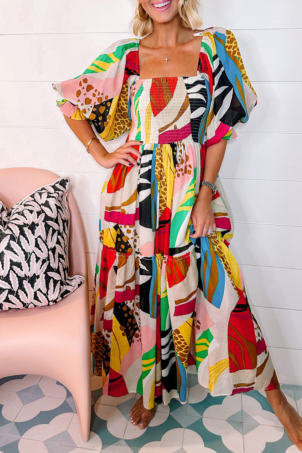 Robe bohème longue à col carré smocké