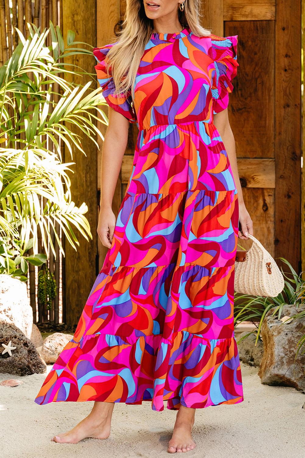 Robe longue volantée à taille haute imprimée