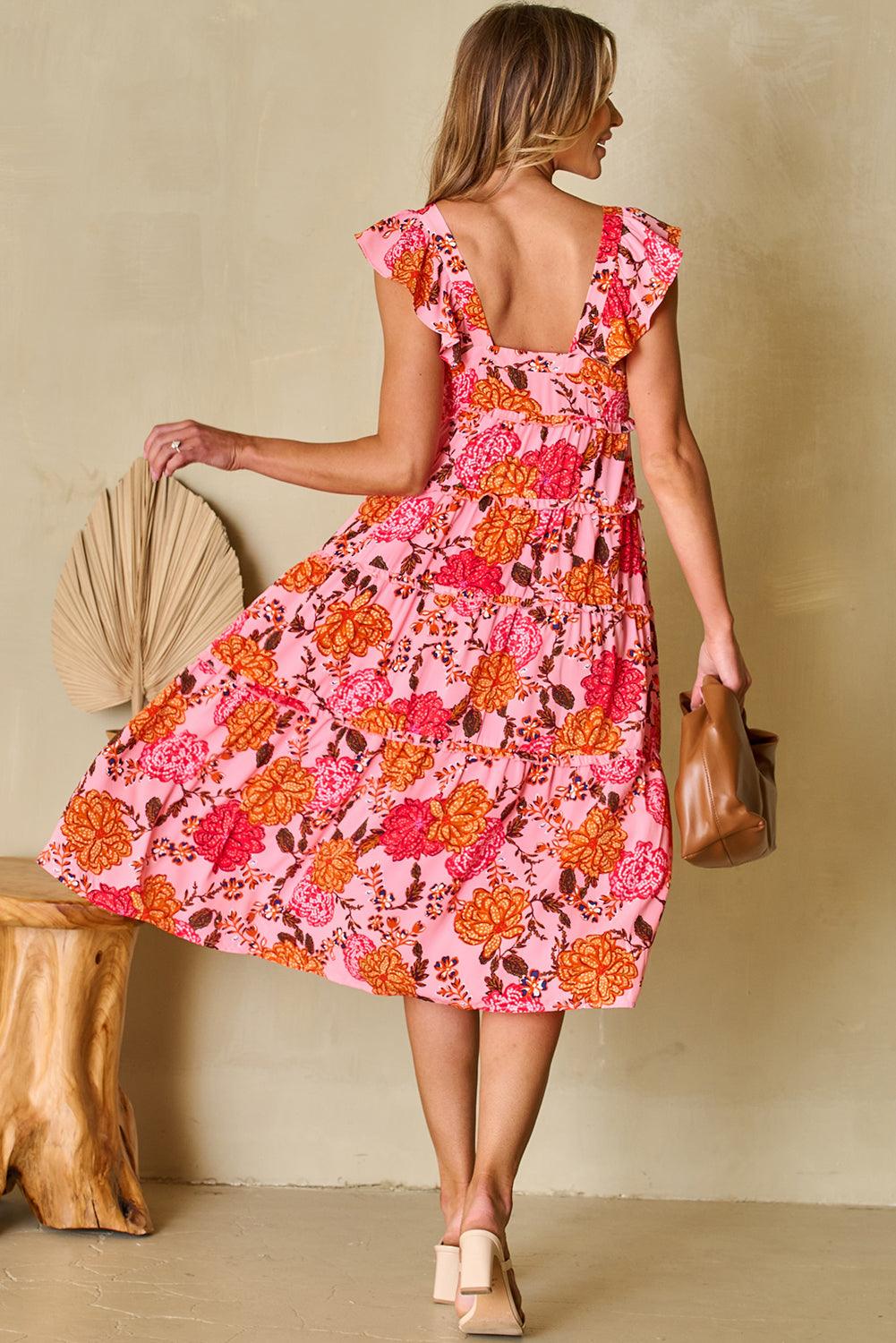 Robe mi-longue volantée à encolure carrée