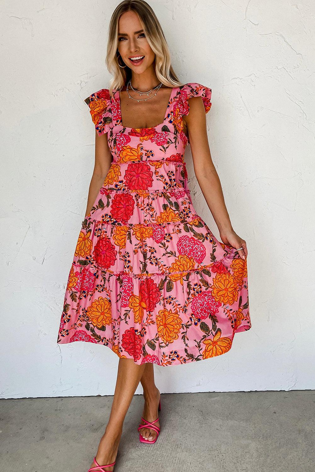 Robe mi-longue volantée à encolure carrée