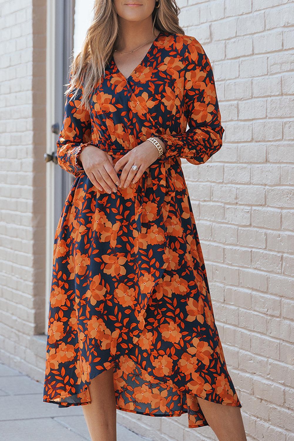 Robe mi-longue portefeuille florale ceinturée