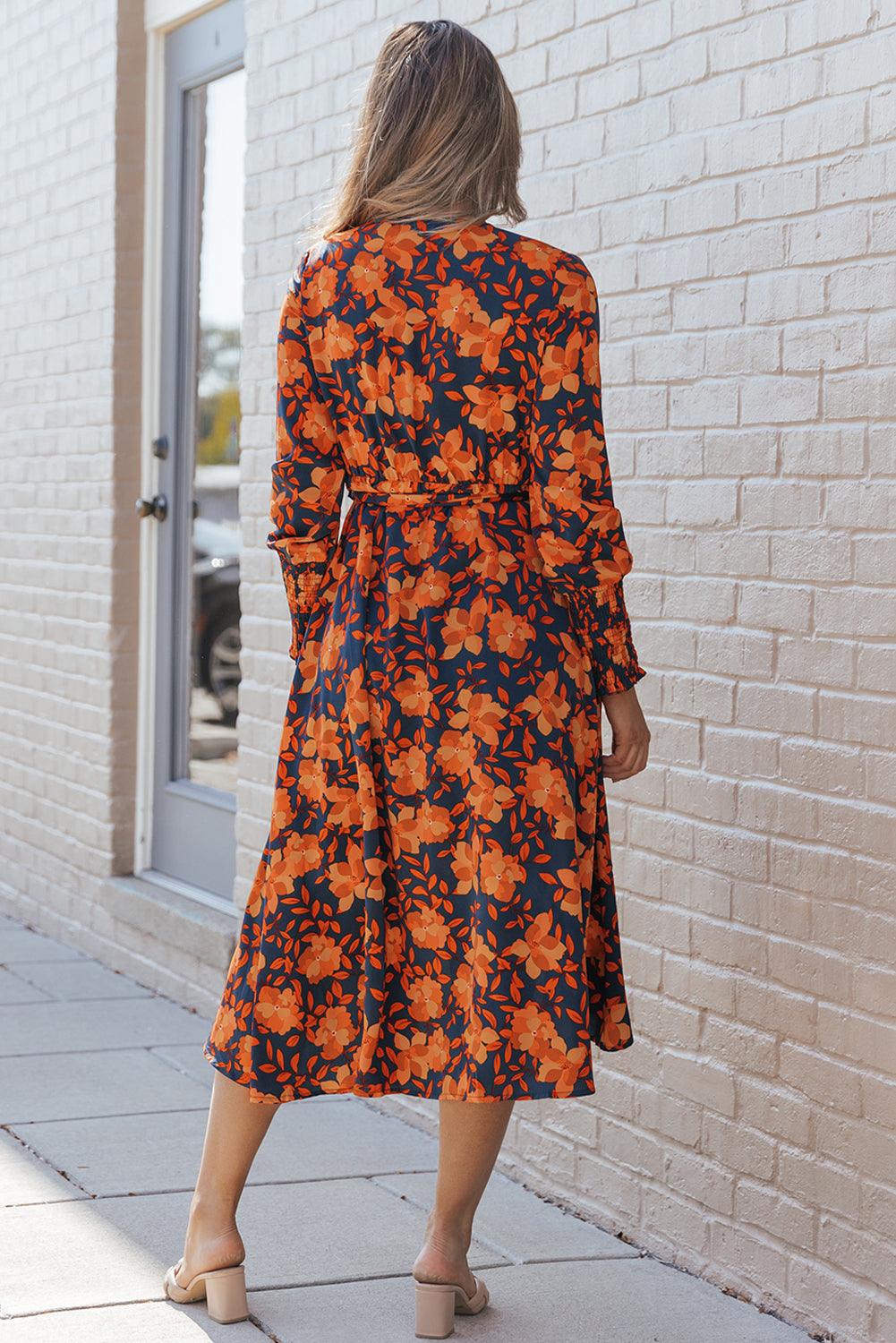 Robe mi-longue portefeuille florale ceinturée