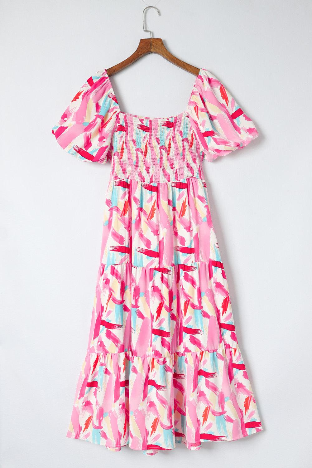 Robe mi-longue smockée à volants et imprimé pinceau