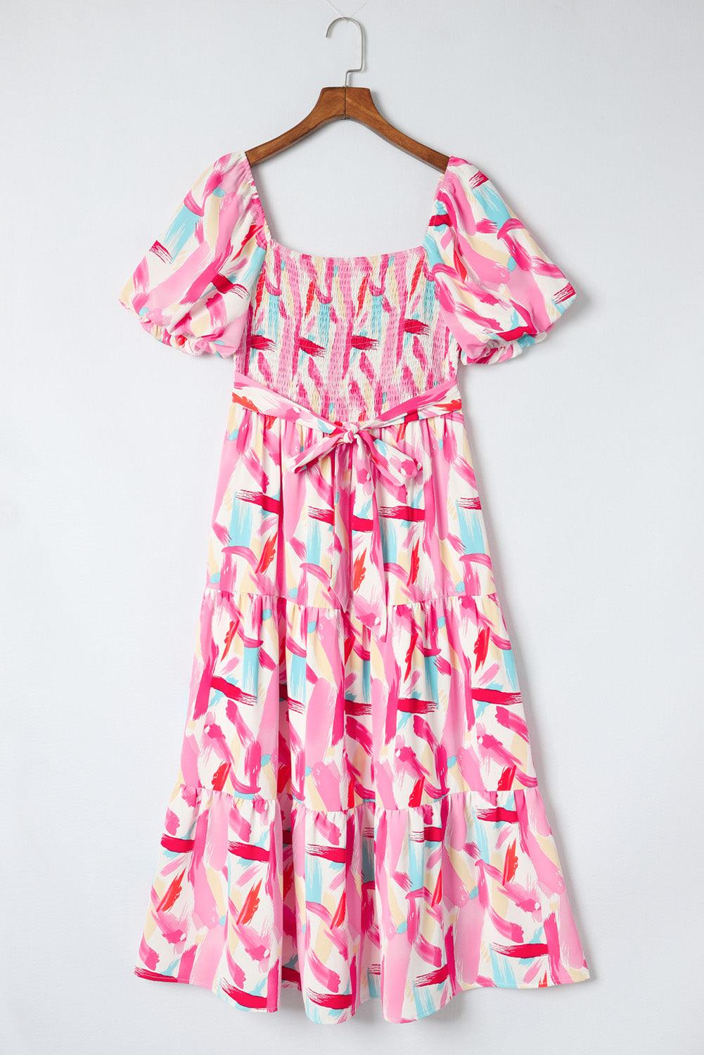 Robe mi-longue smockée à volants et imprimé pinceau