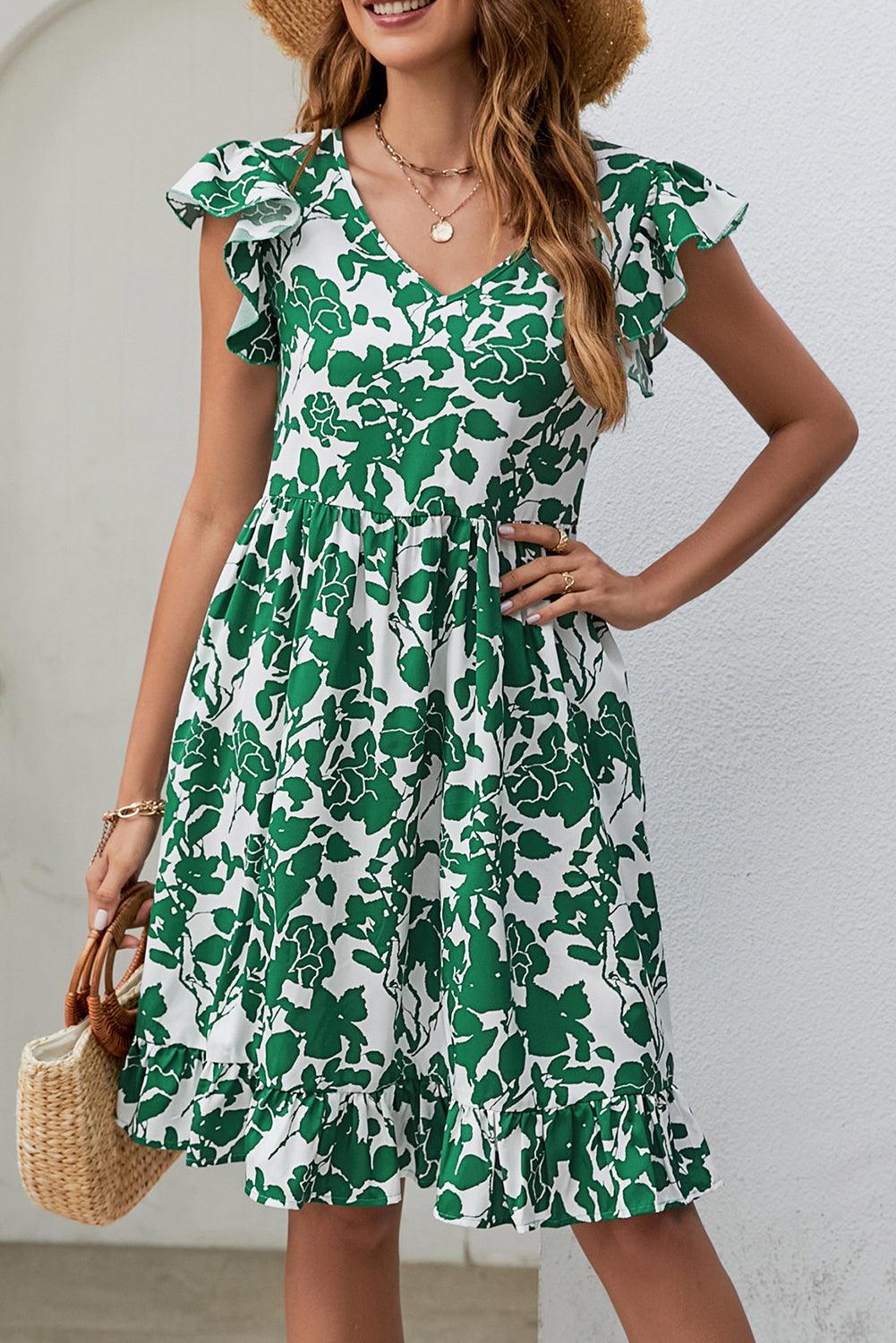 Robe courte à volants et imprimé feuillage V-col