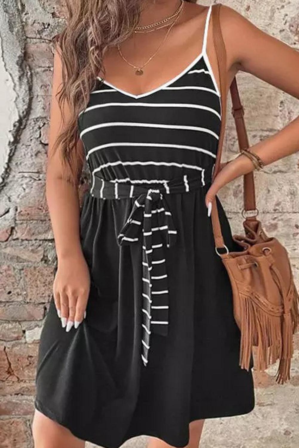 Robe à Bretelles Fines à Rayures avec Ceinture - Robesboutique