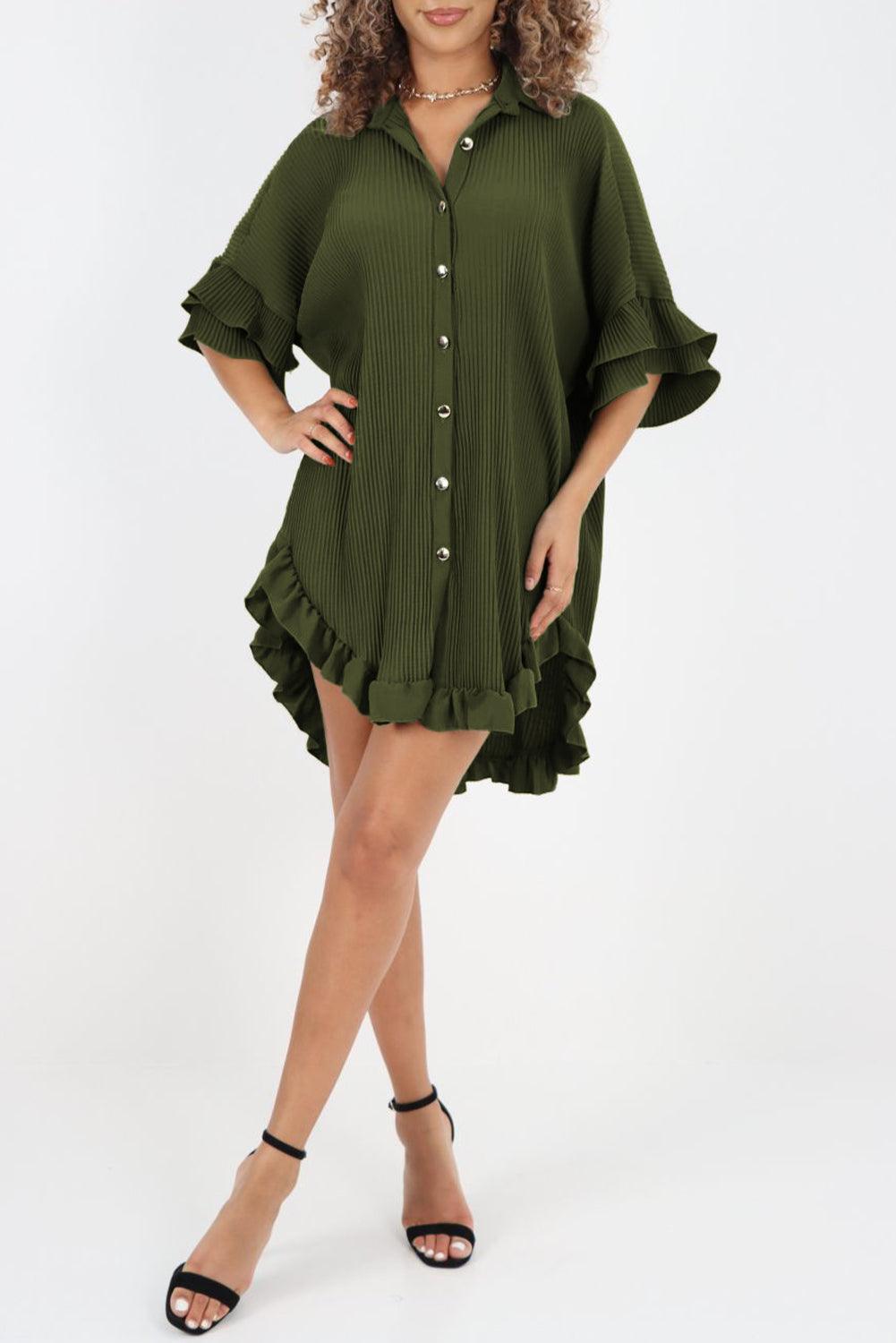 Robe Chemise Plissée à Volants Asymétrique - Robesboutique