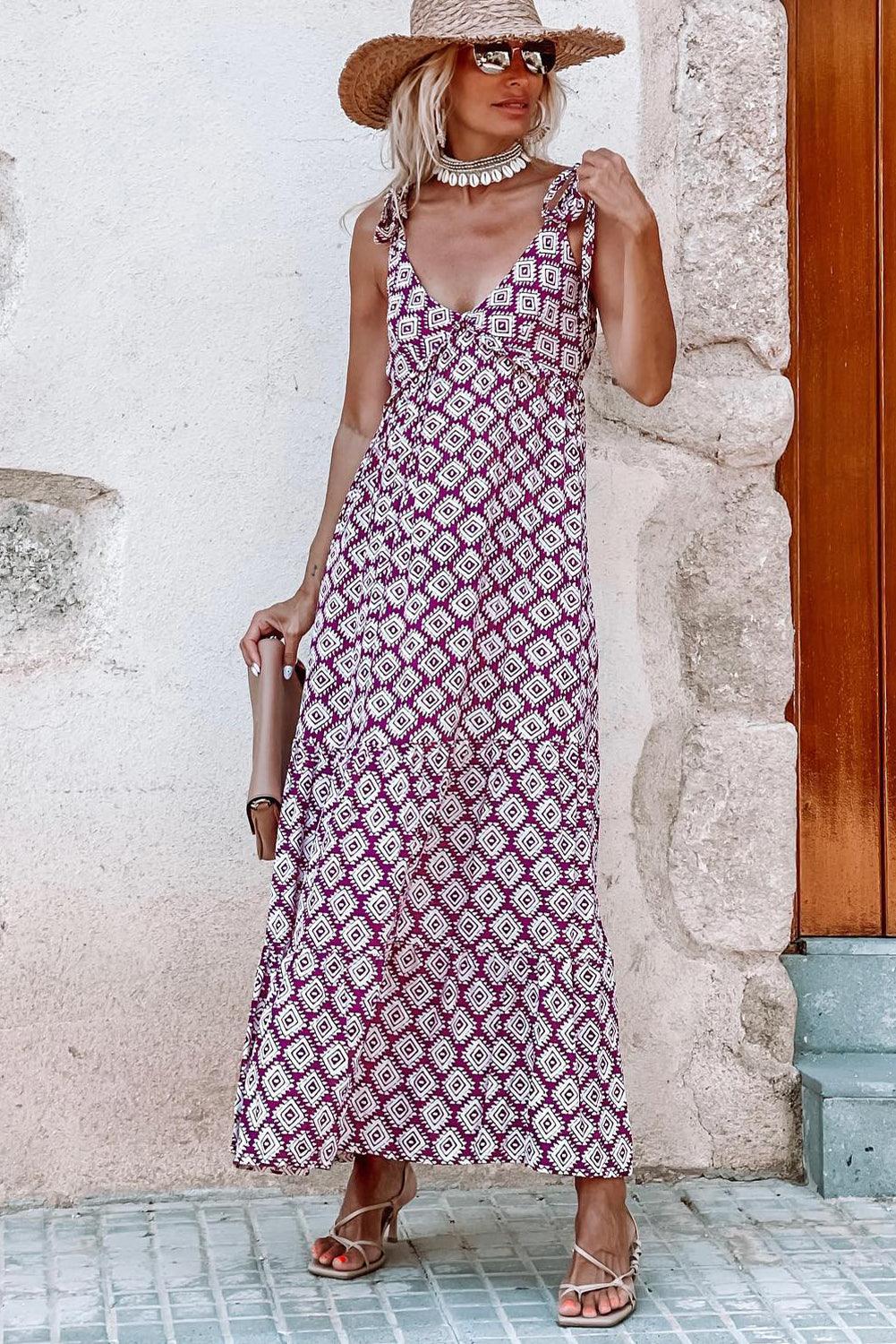 Robe longue à motifs géométriques et bretelles nouées - Robesboutique