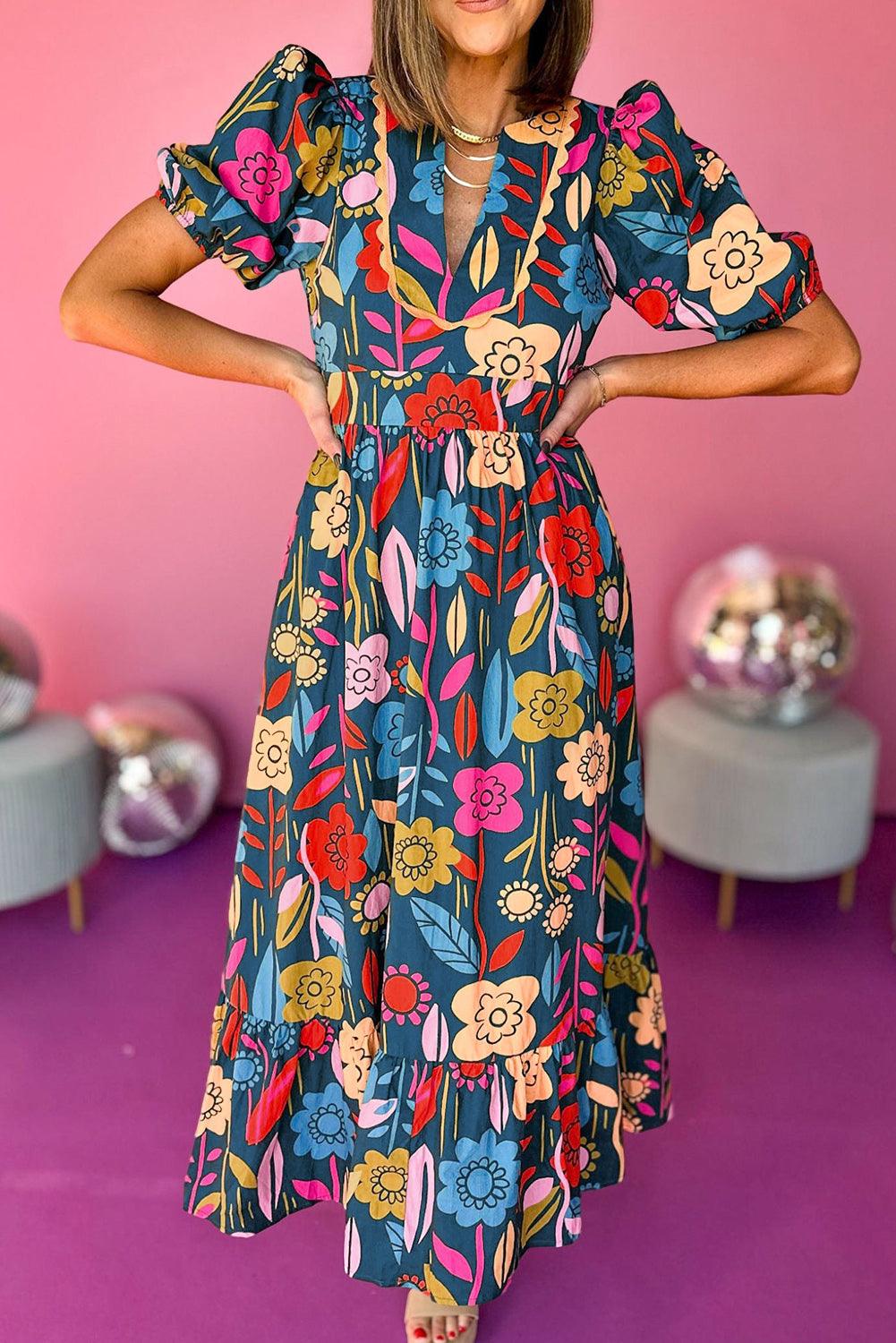 Robe Maxi Fendue à Col V et Motif Floral Retro - Robesboutique