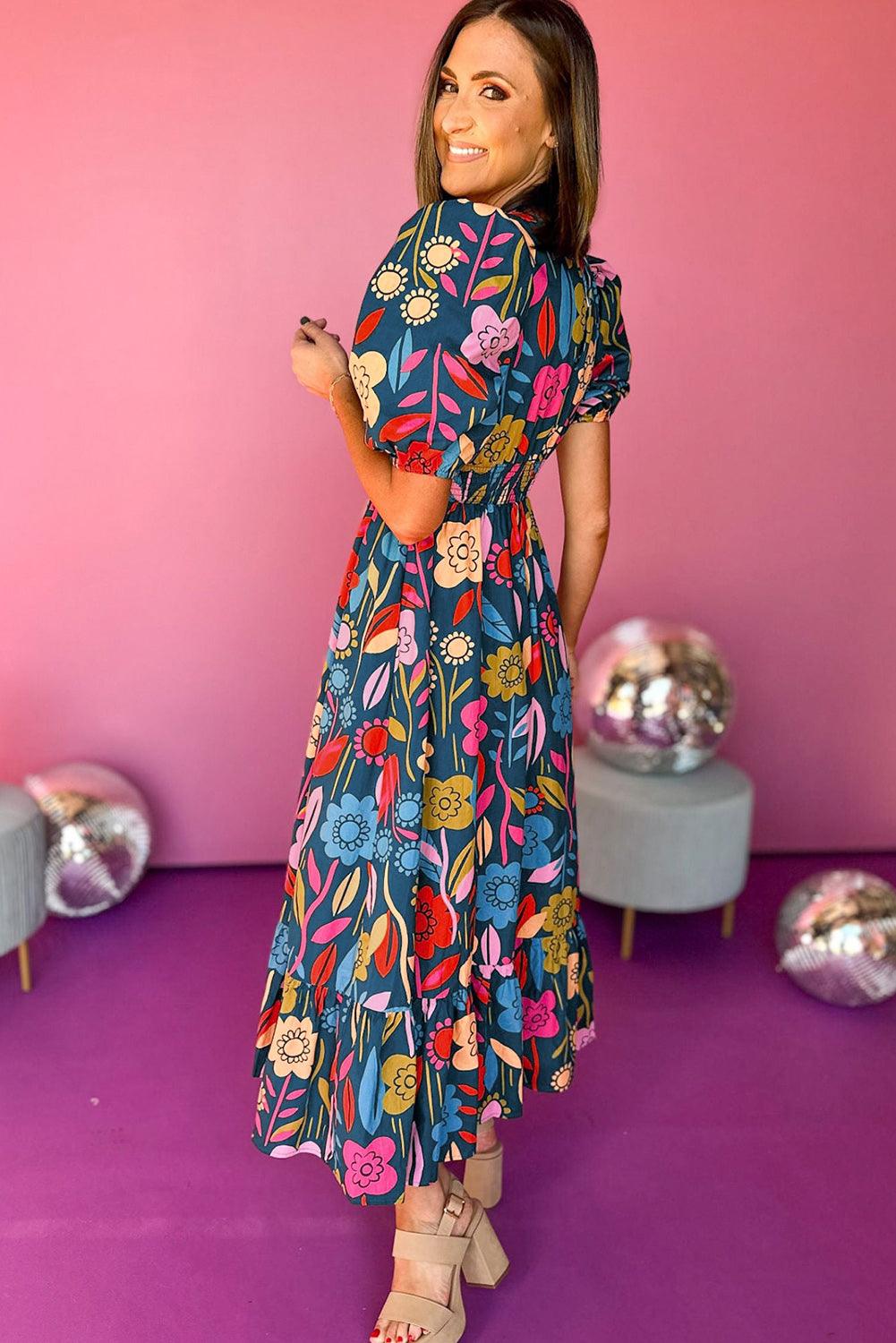 Robe Maxi Fendue à Col V et Motif Floral Retro - Robesboutique