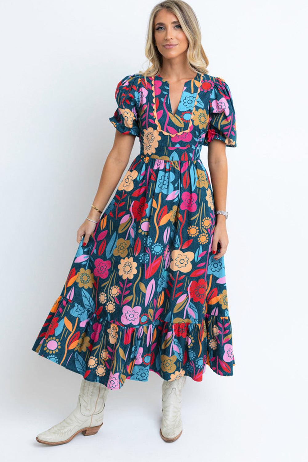 Robe Maxi Fendue à Col V et Motif Floral Retro - Robesboutique