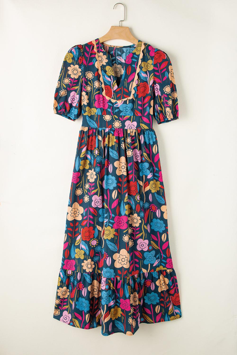 Robe Maxi Fendue à Col V et Motif Floral Retro - Robesboutique