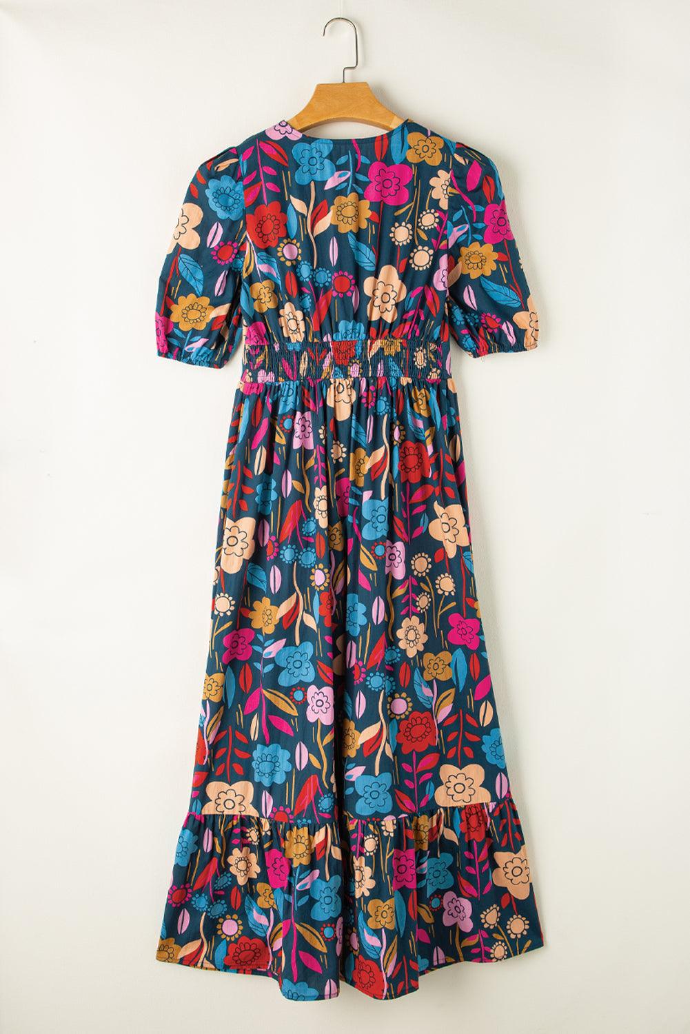 Robe Maxi Fendue à Col V et Motif Floral Retro - Robesboutique