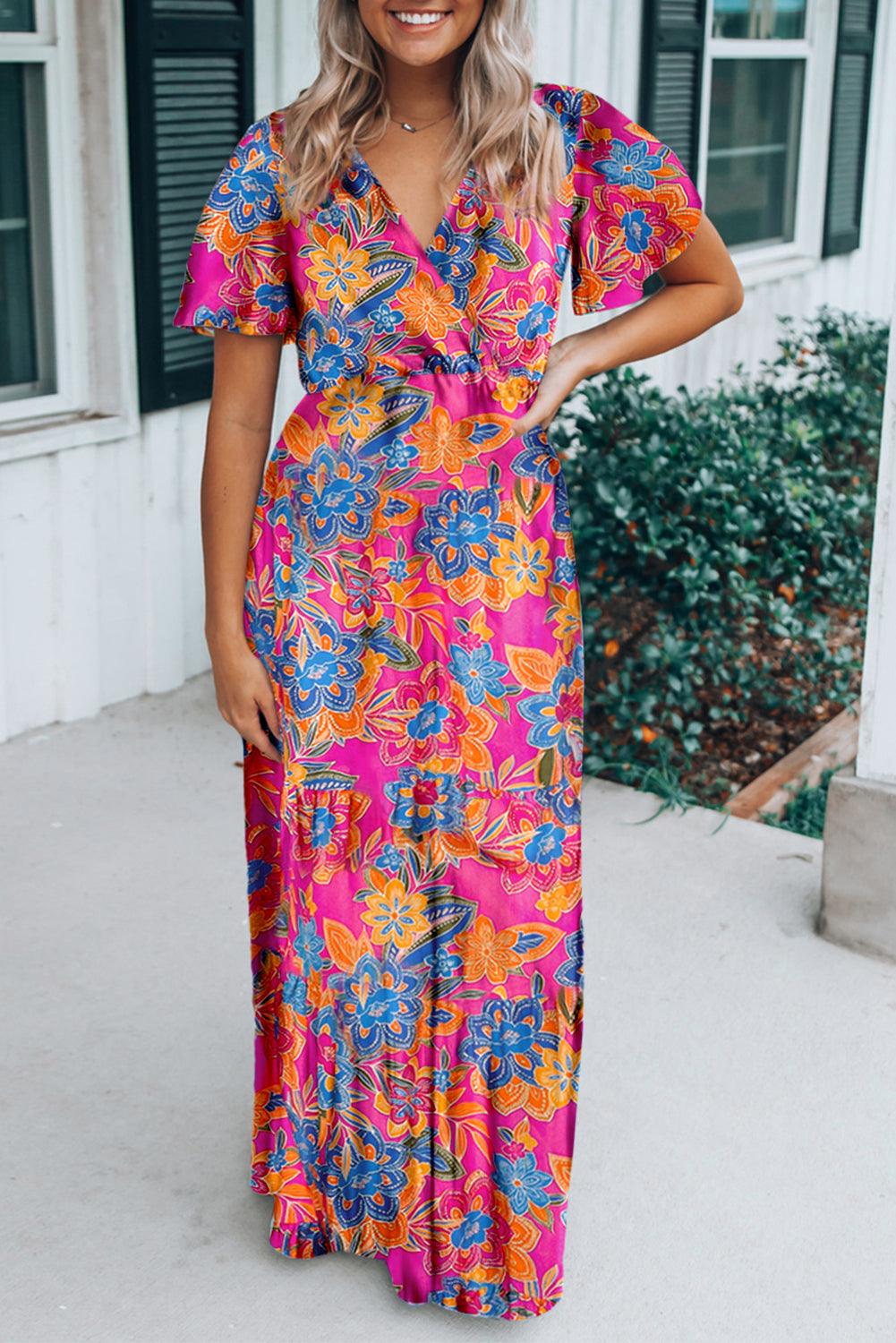 Robe Maxi Florale à Col V et Wrap - Robesboutique