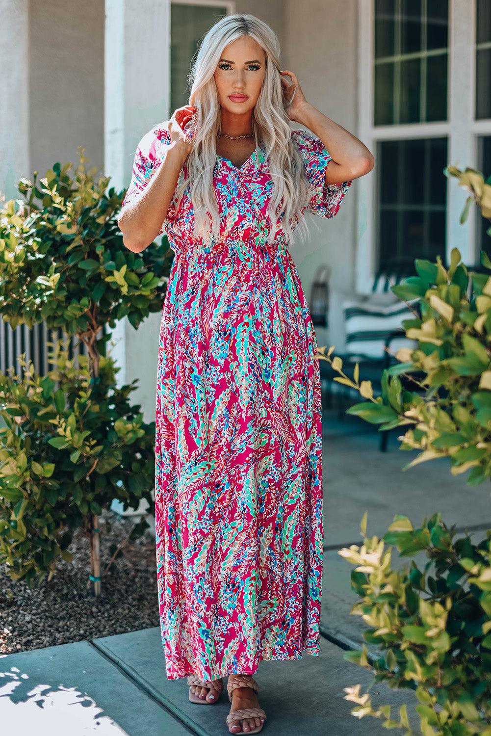 Robe Maxi Florale à Col V et Wrap - Robesboutique