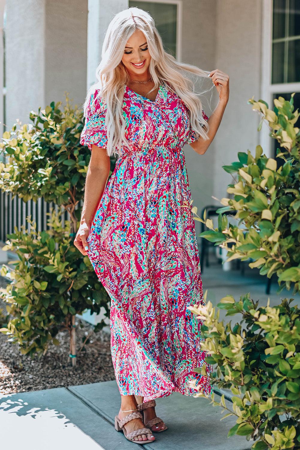 Robe Maxi Florale à Col V et Wrap - Robesboutique