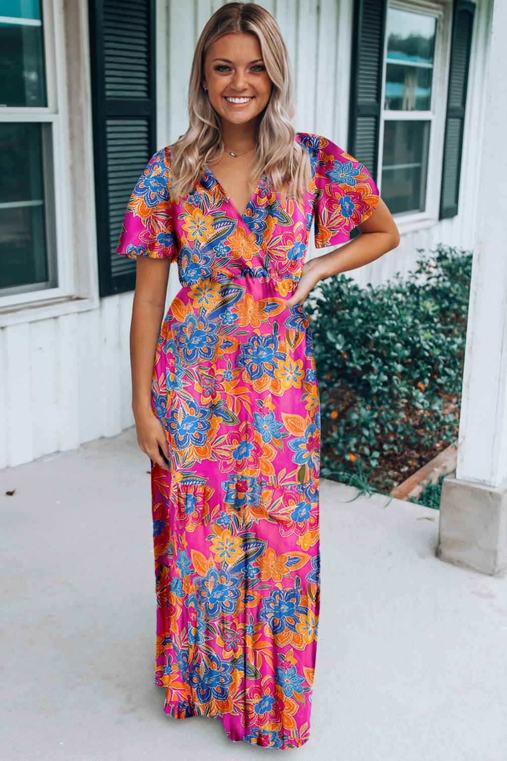 Robe Maxi Florale à Col V et Wrap - Robesboutique