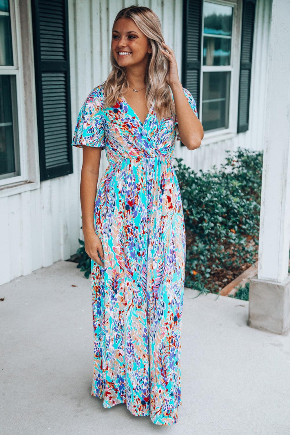 Robe Maxi Florale à Col V et Wrap - Robesboutique