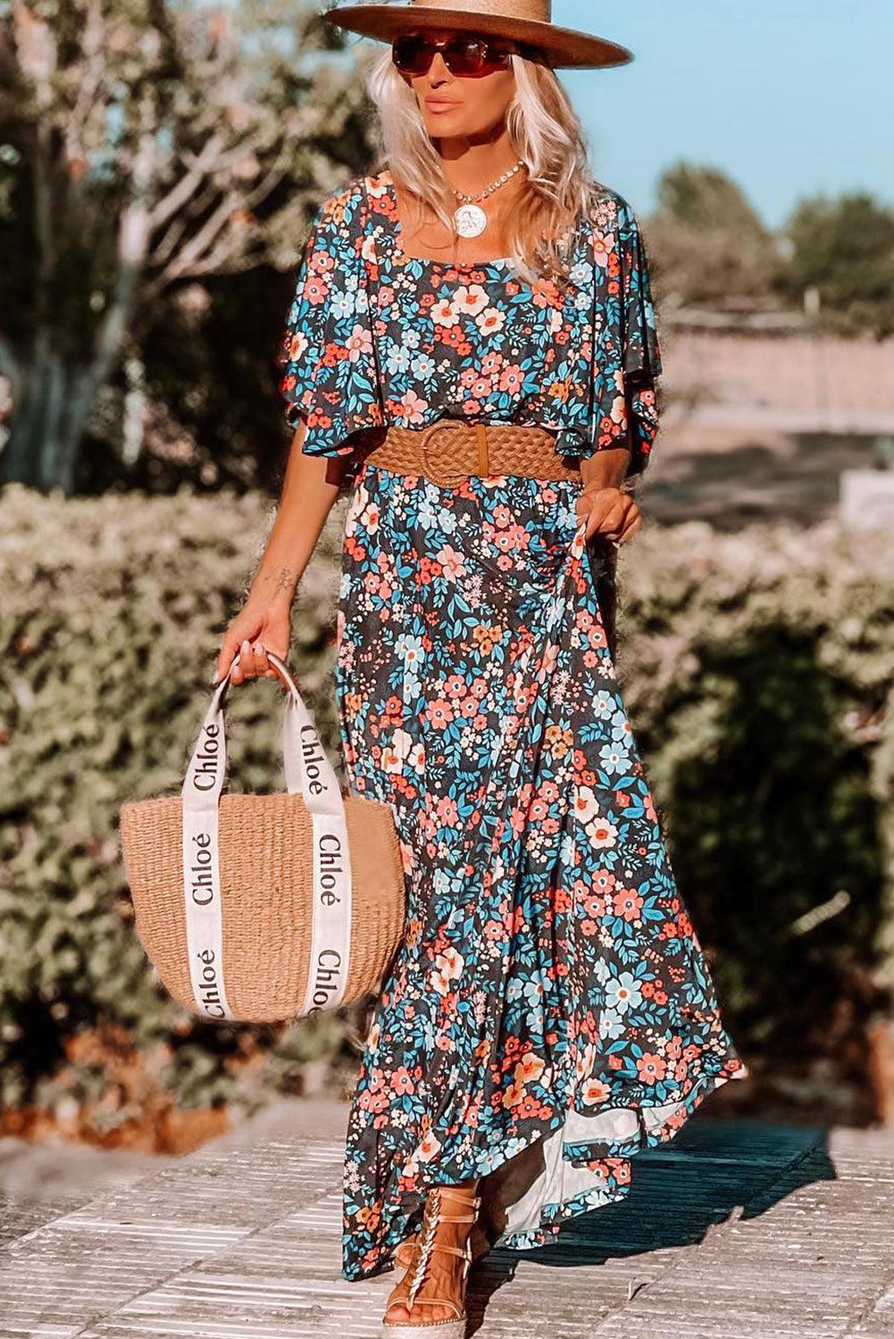 Robe Maxi Nœud Dos Col Carré Fleurie - Robesboutique