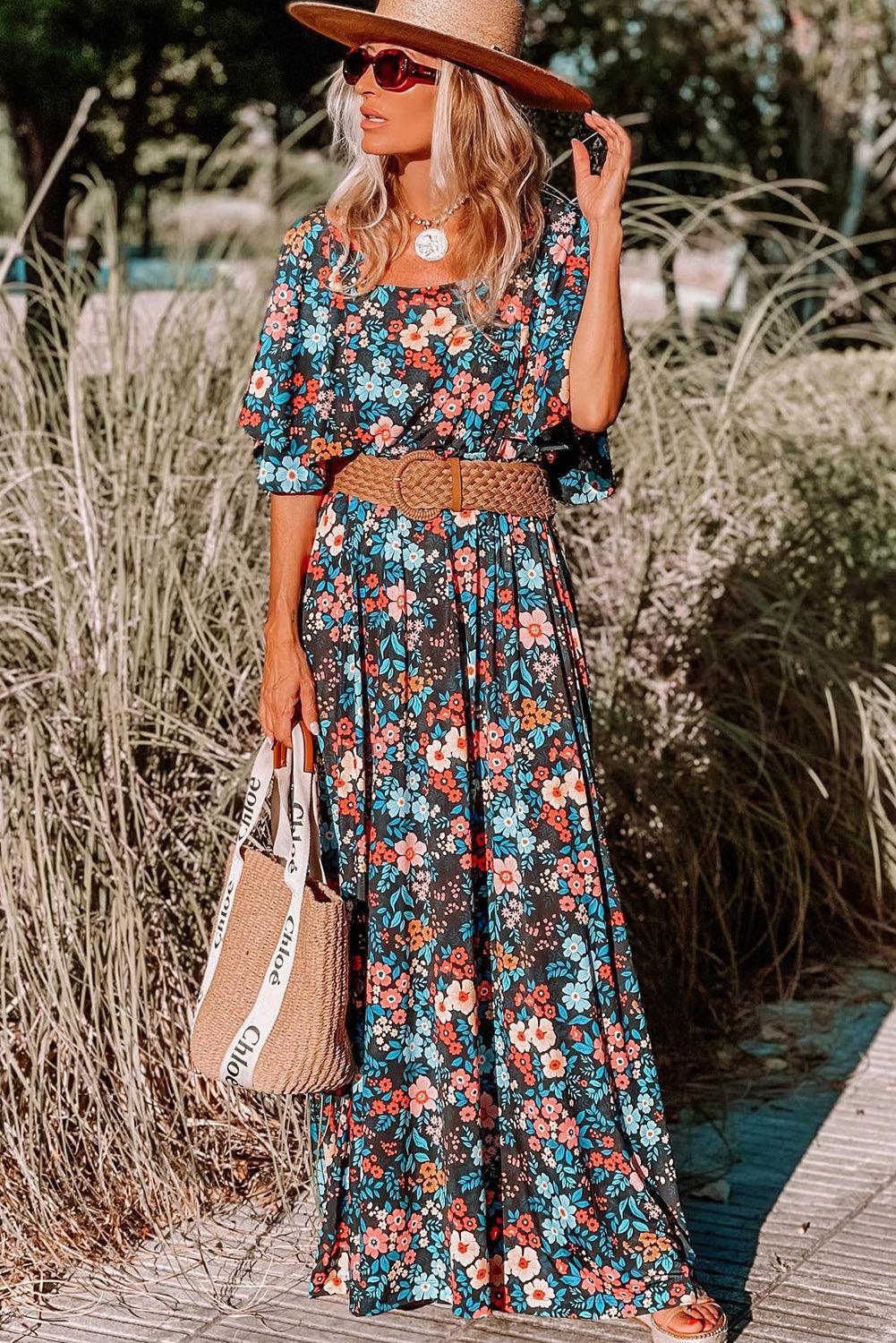 Robe Maxi Nœud Dos Col Carré Fleurie - Robesboutique