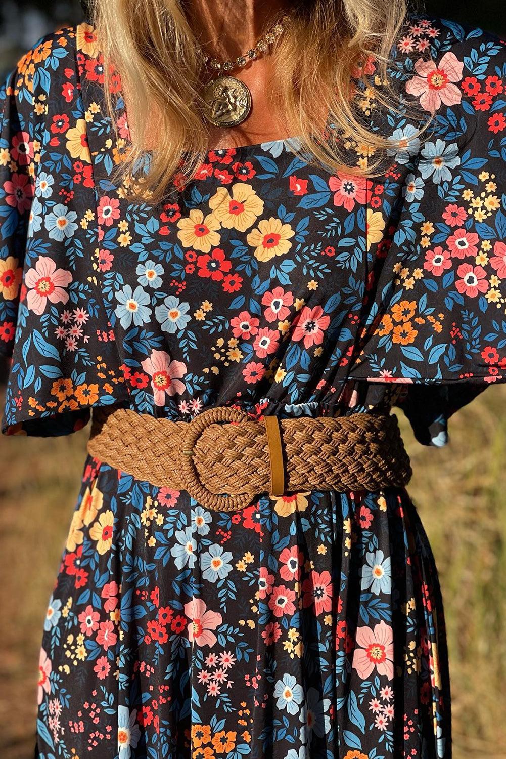 Robe Maxi Nœud Dos Col Carré Fleurie - Robesboutique